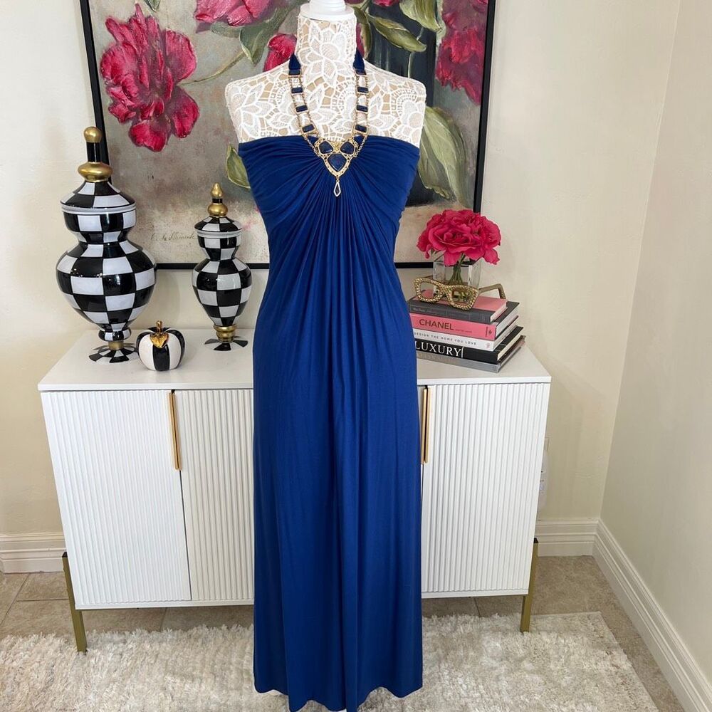 Sky Women's Ruched Chain Necklace Halter Evening Maxi Dress Blue Small